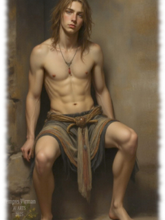 Junger langhaariger Mann, sitzend, Tücher um seinen Hüften. Junger langhaariger Mann, sitzend, Tücher um seinen Hüften.