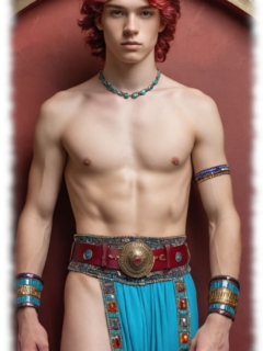 Junger rothaariger Mann im Portrait, türkisfarbenes Tuch verhüllt seine Quelle des Lebens. Junger rothaariger Mann im Portrait, türkisfarbenes Tuch verhüllt seine Quelle des Lebens.