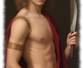 Junger langhaariger Lockenkopf im Profil, Hand in der Hosentasche und Messer in der Hand. Junger langhaariger Lockenkopf im Profil, Hand in der Hosentasche und Messer in der Hand.