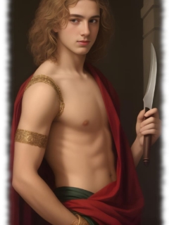 Junger langhaariger Lockenkopf im Profil, Hand in der Hosentasche und Messer in der Hand. Junger langhaariger Lockenkopf im Profil, Hand in der Hosentasche und Messer in der Hand.