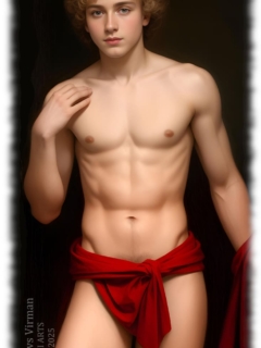 Junger Blondschopf, rotes Tuch um den Hüften verdeckt den Lebensschlüssel. Junger Blondschopf, rotes Tuch um den Hüften verdeckt den Lebensschlüssel.