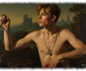 Portrait, junger Mann mit kleinem Kelch in der Hand, Burg im Hintergrund. Portrait, junger Mann mit kleinem Kelch in der Hand, Burg im Hintergrund.