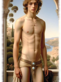 Blonder Knabe im Säulenbogen stehend, halb nackt mit Lendenschurz. Blonder Knabe im Säulenbogen stehend, halb nackt mit Lendenschurz.