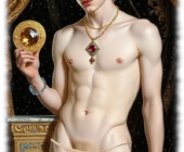 Blonder Knabe zwischen Vorhängen stehend, durchscheinender Tanga gewährt Blick auf Lustkelch. Blonder Knabe zwischen Vorhängen stehend, durchscheinender Tanga gewährt Blick auf Lustkelch.