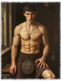 Mann, muskulös, sitzend, rot-brauner Kilt bedeckt das Eros-Schwert. Mann, muskulös, sitzend, rot-brauner Kilt bedeckt das Eros-Schwert.