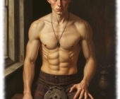 Mann, muskulös, sitzend, rot-brauner Kilt bedeckt das Eros-Schwert. Mann, muskulös, sitzend, rot-brauner Kilt bedeckt das Eros-Schwert.