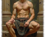 Mann sitzend, grün-brauner Kilt bedeckt den Wanderer zwischen den Welten. Mann sitzend, grün-brauner Kilt bedeckt den Wanderer zwischen den Welten.