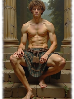 Mann sitzend, grün-brauner Kilt bedeckt den Wanderer zwischen den Welten. Mann sitzend, grün-brauner Kilt bedeckt den Wanderer zwischen den Welten.