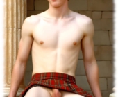 Junger Mann sitzend, roter Kilt bedeckt den Spieltrieb, die frechen Brüder hängen frei. Junger Mann sitzend, roter Kilt bedeckt den Spieltrieb, die frechen Brüder hängen frei.