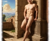 Junger Mann an Mauer angelehnt, hält seine Erregungsrute in der Hand. Junger Mann an Mauer angelehnt, hält seine Erregungsrute in der Hand.