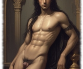 Junger nackter, langhaariger Mann, angelehnt, sein Lustkelch wird von haariger Verlockung gekrönt. Junger nackter, langhaariger Mann, angelehnt, sein Lustkelch wird von haariger Verlockung gekrönt.