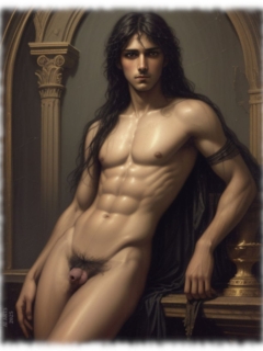 Junger nackter, langhaariger Mann, angelehnt, sein Lustkelch wird von haariger Verlockung gekrönt. Junger nackter, langhaariger Mann, angelehnt, sein Lustkelch wird von haariger Verlockung gekrönt.