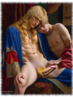 Zwei junge Männer sitzend. blonder langhaariger Mann dominiert mit seiner lebendigen Fackel. Zwei junge Männer sitzend. blonder langhaariger Mann dominiert mit seiner lebendigen Fackel.