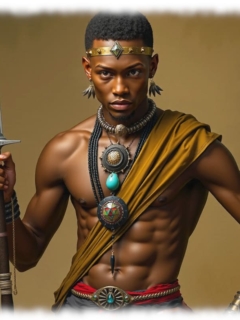 Nahaufnahme, dunkelhäutiger Krieger, Tuch über der Schulter, mit Lanze in der Hand. Nahaufnahme, dunkelhäutiger Krieger, Tuch über der Schulter, mit Lanze in der Hand.