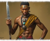 Nahaufnahme, dunkelhäutiger Krieger, Tuch über der Schulter, mit Lanze in der Hand. Nahaufnahme, dunkelhäutiger Krieger, Tuch über der Schulter, mit Lanze in der Hand.