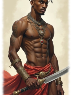 Dunkelhäutiger Krieger, freier muskulöser Oberkörper mit Schwert in der Hand. Dunkelhäutiger Krieger, freier muskulöser Oberkörper mit Schwert in der Hand.