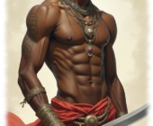 Dunkelhäutiger Krieger, freier muskulöser Oberkörper mit Schwert in der Hand. Dunkelhäutiger Krieger, freier muskulöser Oberkörper mit Schwert in der Hand.