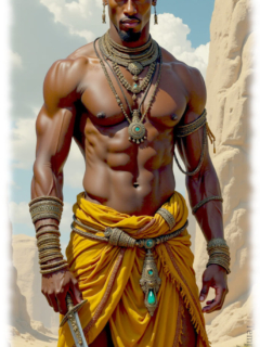 Dunkelhäutiger Krieger, freier muskulöser Oberkörper mit Schwert in der Hand. Dunkelhäutiger Krieger, freier muskulöser Oberkörper mit Schwert in der Hand.