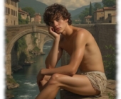 Junger Mann auf Mauer sitzend, Kopf abgestützt, Bogenbrücken im Hintergrund. Junger Mann auf Mauer sitzend, Kopf abgestützt, Bogenbrücken im Hintergrund.