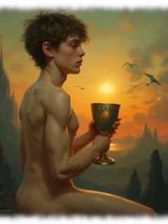 Nahaufnahme, nackter Knabe im Profil mit Kelch in der Hand. Nahaufnahme, nackter Knabe im Profil mit Kelch in der Hand.