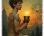 Nahaufnahme, nackter Knabe im Profil mit Kelch in der Hand. Nahaufnahme, nackter Knabe im Profil mit Kelch in der Hand.