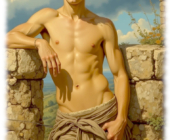 Blonder Knabe an Mauer gelehnt, nackter Oberkörper, eine Hand an der Hosentasche. Blonder Knabe an Mauer gelehnt, nackter Oberkörper, eine Hand an der Hosentasche.