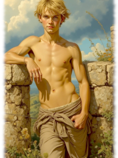 Blonder Knabe an Mauer gelehnt, nackter Oberkörper, eine Hand an der Hosentasche. Blonder Knabe an Mauer gelehnt, nackter Oberkörper, eine Hand an der Hosentasche.