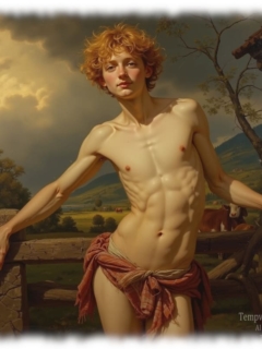 Rothaariger Knabe an Zaun gelehnt, nackter Oberkörper, sein Lebensschlüssel von Tuch bedeckt. Rothaariger Knabe an Zaun gelehnt, nackter Oberkörper, sein Lebensschlüssel von Tuch bedeckt.