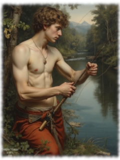 Junger Mann am Fluss, nackter Oberkörper, bereit zu angeln. Junger Mann am Fluss, nackter Oberkörper, bereit zu angeln.