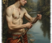 Junger Mann am Fluss, nackter Oberkörper, bereit zu angeln. Junger Mann am Fluss, nackter Oberkörper, bereit zu angeln.