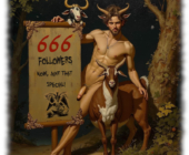 Gehörnter Dämon an Ziegenbock gelehnt, sein Juwel der Sünde zeigt sich. Gehörnter Dämon an Ziegenbock gelehnt, sein Juwel der Sünde zeigt sich.