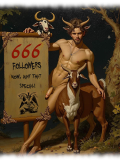 Gehörnter Dämon an Ziegenbock gelehnt, sein Juwel der Sünde zeigt sich. Gehörnter Dämon an Ziegenbock gelehnt, sein Juwel der Sünde zeigt sich.