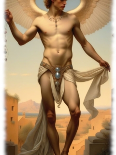 Engel mit ausgebreiteten Flügeln, stehend mit Lendentuch in der Hand. Engel mit ausgebreiteten Flügeln, stehend mit Lendentuch in der Hand.