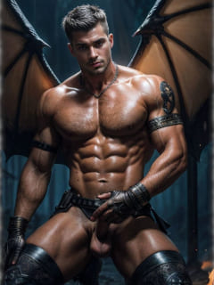 muskulöser Dämon mit Flügeln im Halbdunkeln