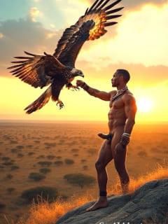 Mann in der Savanne stehend, vor ihm ein Adler mit breiten Schwingen