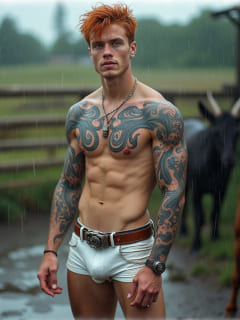 rothaariger, tätowierter Mann auf Pferdekoppel