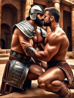 zwei küssende Gladiatoren in Arena hockend