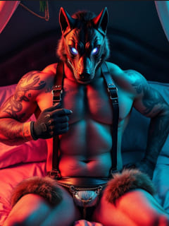 muskulöser Mann mit Wolfsmaske auf Bett sitzend