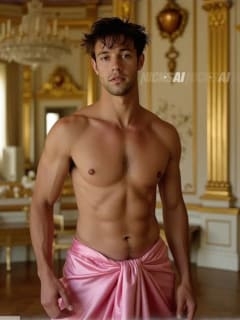 Mann mit rosa Tuch in historischem Salon stehend