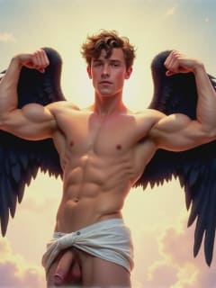 Engel mit schwarzen Flügeln vor Wolken stehend