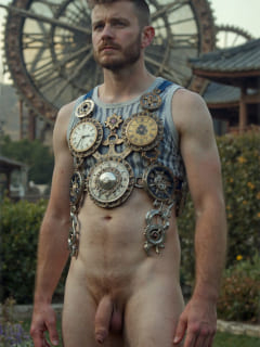 Mann in Steam-Punk-Outfit vor Industrie-Bauten stehend